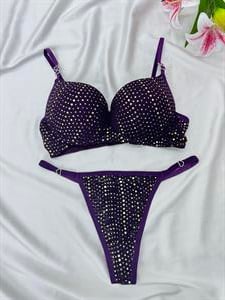 Ç767  DESTEKLİ  SİMLİ SHİNE SÜTYEN TAKIMI-MOR(GOLD)