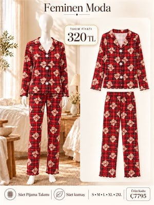 ç7795-süet kumaş gömlek yaka pijama takımı-kırmızı