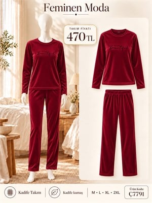 ç7791-kadife uzun kol pijama takımı-bordo