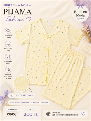 ç8658-kaşkorse kumaş kısa kollu pijama takımı-sarı 