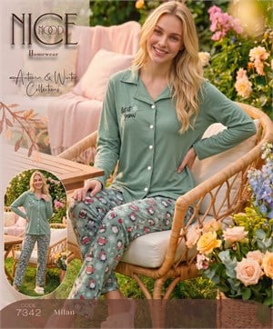 ç7342-milan kumaş gömlek yaka pijama takımı-su yeşili