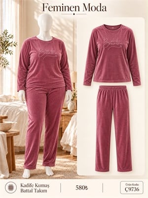 ç9736-battal boy kadife kumaş uzun kol pijama takımı-pembe