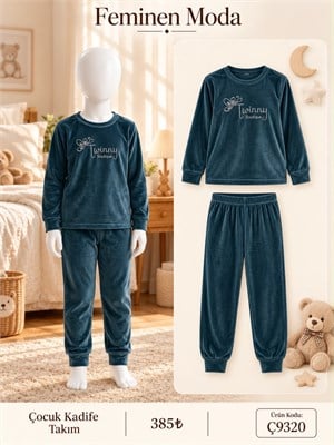 ç9321-kadife kumaş uzun kol çocuk  pijama takımı-yeşil