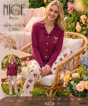 ç7328-milan kumaş gömlek yaka pijama takımı-bordo