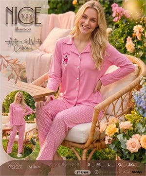 ç7337-milan kumaş gömlek yaka pijama takımı-pembe