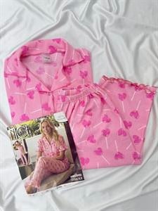 Ç6675 BÜRÜMCÜK KOL KISMI FIRFIRLI KALPLİ PİJAMA TAKIMI -PEMBE