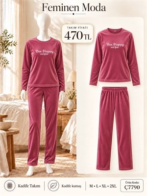 ç7790-kadife uzun kol pijama takımı-pembe 
