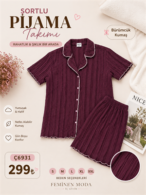 ç6931-bürümcük kumaş fırfırlı şortlu takım-bordo
