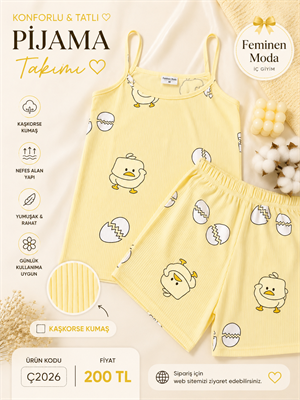 ç2026-kaşkorse kumaş ip askılı şortlu civcivli pijama takımı-sarı