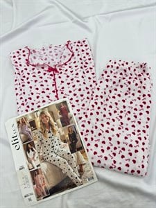 ç8691-Kaşkorse  kumaş gömlek yaka uzun kollu love  pijama takımı kalpli -kırmızı