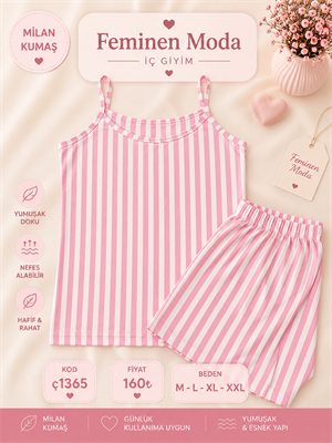 ç1365-milan kumaş ip askılı çizgili şortlu takım-pembe