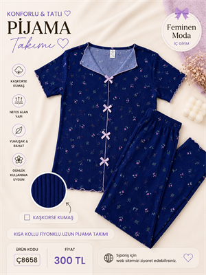 ç8658-kaşkorse kumaş kısa kollu desenli pijama takımı-lacivert