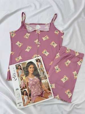 ç8684-şortlu ip askılı ayıcıklı pijama takımı-gül kurusu