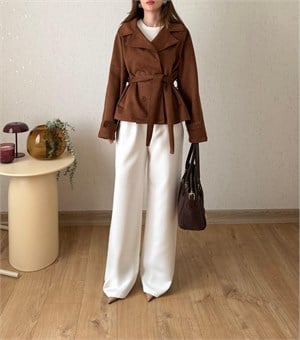8744-süet kumaş kuşaklı trenç-taba