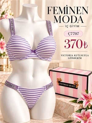 ç7707 - Destekli askıları taşlı çizgili sütyen takımı(kutulu) - mor