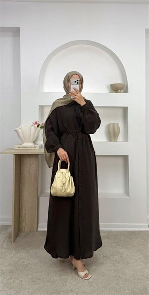 5611-cupra kumaş gömlek yaka tunik-kahve