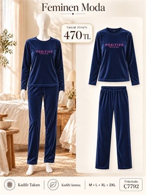 ç7792-kadife uzun kol pijama takımı-lacivert 