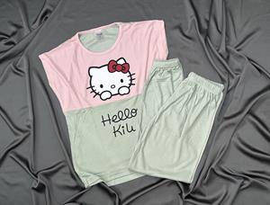 6705 Hello Kitty Desenli Pijama Takımı Pudra-Yeşil
