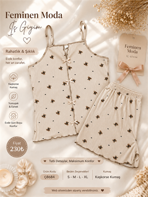 ç8684-kaşkorse kumaş ip askılı şortlu takım-sütlü kahve