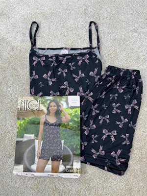 ç6608-milan kumaş fiyonklu şortlu pijama takımı-siyah