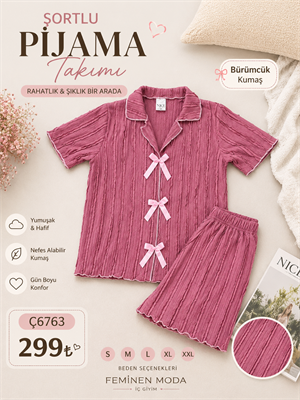 ç6763-bürümcük kumaş fırfırlı şortlu takım-pembe