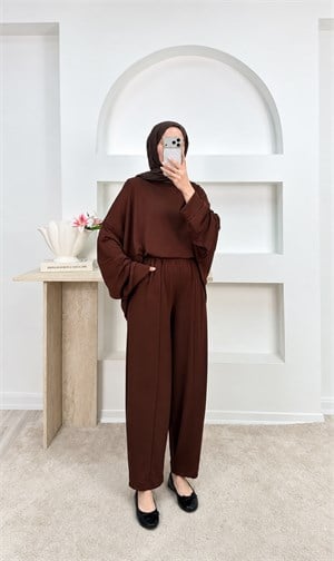 1421-oşho kumaş oversize şalvar kesim panolonlu takım-kahve