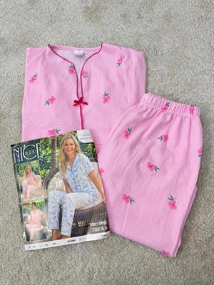 ç6638-bürümcük kumaş gömlek yaka kısa kollu pijama takımı-pembe