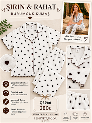 ç6966-bürümcük kumaş gömlek yaka kalpli pijama takımı-beyaz