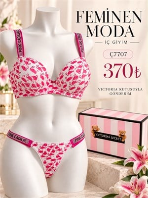 ç7707 - Destekli askıları taşlı flamingo desen sütyen takımı(kutulu) - beyaz