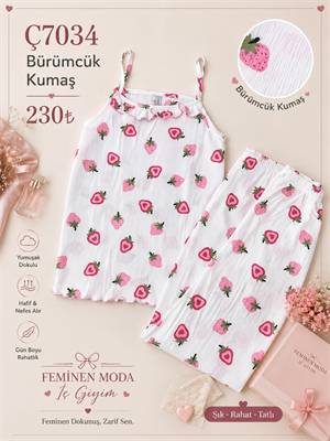 ç7034-bürümcük kumaş ip askılı pijama takımı-beyaz 