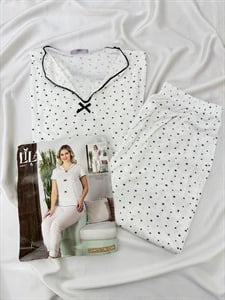 ç1024-jakarlı viskon kumaş gömlek yaka puantiyeli pijama takımı-beyaz