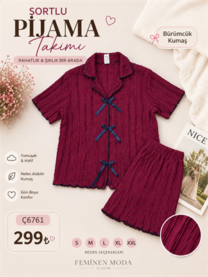 ç6761-bürümcük kumaş fırfırlı şortlu takım-bordo