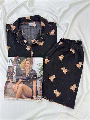 ç6668-bürümcük kumaş şortlu ayıcıklı pijama takımı-siyah