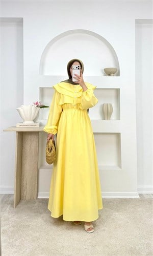 5899-poplin kumaş fırfırlı elbise-sarı