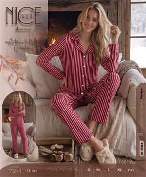 ç7241-milan kumaş gömlek yaka çizgili pijama takımı-bordo