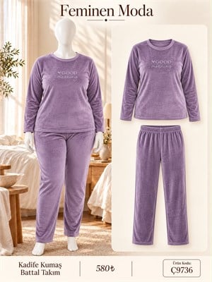 ç9736-battal boy kadife kumaş uzun kol pijama takımı-mürdüm