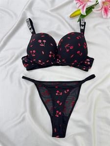 Ç7930 DESTEKLİ KİRAZ BASKILI SÜTYEN TAKIMI-SİYAH