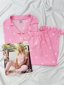 Ç6671 BÜRÜMCÜK KOL KISMI FIRFIRLI YILDIZLI PİJAMA TAKIMI -PEMBE