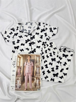 ç9316-viskon kaşkorse kumaş kısa kollu kelebekli pijama takımı-beyaz
