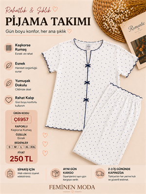 ç6957-raporlı kısa kol gömlek yaka yıldızlı pijama takımı-beyaz