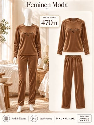 ç7794-kadife uzun kol pijama takımı-kahve