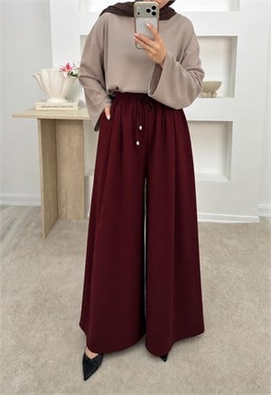 9956-oysho kumaş bol paça pantolon-bordo