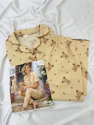 ç6662-bürümcük kumaş kısa kollu pijama takımı- sütlü kahve