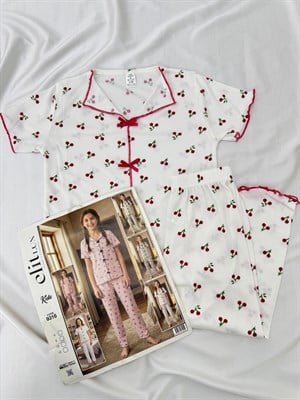 ç9316-viskon kaşkorse kumaş kısa kollu kirazlı pijama takımı-beyaz