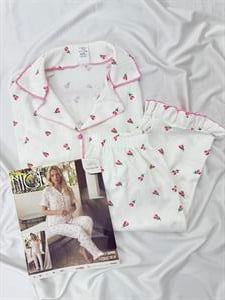 Ç6674 BÜRÜMCÜK KOL KISMI FIRFIRLI LALE DESEN PİJAMA TAKIMI -BEYAZ