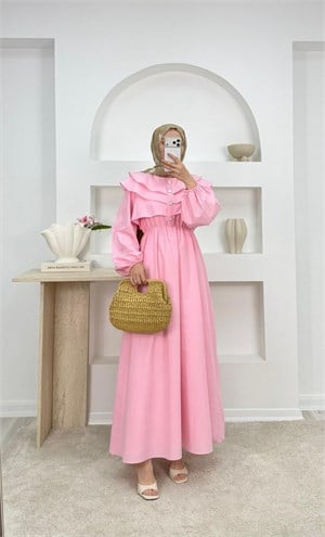 5899-poplin kumaş fırfırlı elbise-pembe 