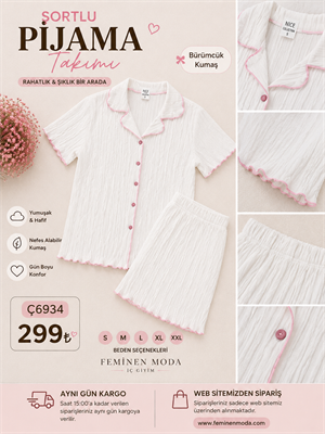 ç6934-bürümcük kumaş fırfırlı şortlu takım-beyaz