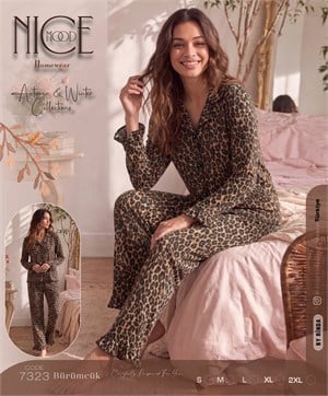 Ç7323 BÜRÜMCÜK DÜĞMELİ UZUN KOLLU TAKIM- FIRFIRLI - LEOPAR