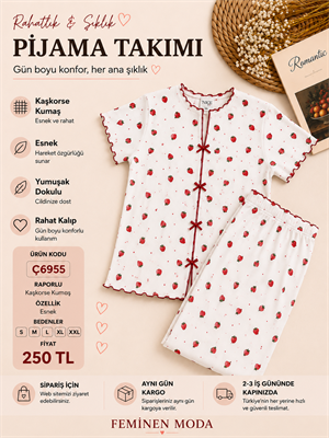 ç6959-raporlı kısa kol gömlek yaka çilekli pijama takımı-beyaz