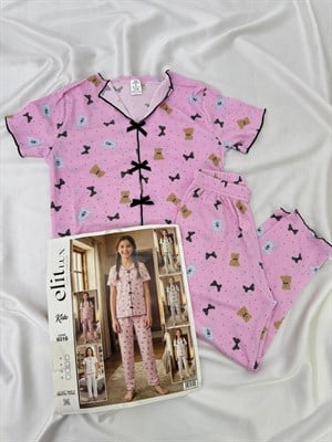 ç9316-viskon kaşkorse kumaş kısa kollu ayıcıklı pijama takımı-pudra